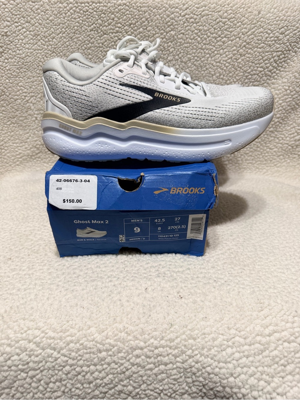 Brooks Ghost Max 2 Men's Running Shoes - White/Black/Gold Size 9